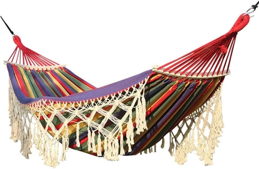 Hamac en toile avec barre d'épandage en bois, style bohème à franges pour intérieur et extérieur