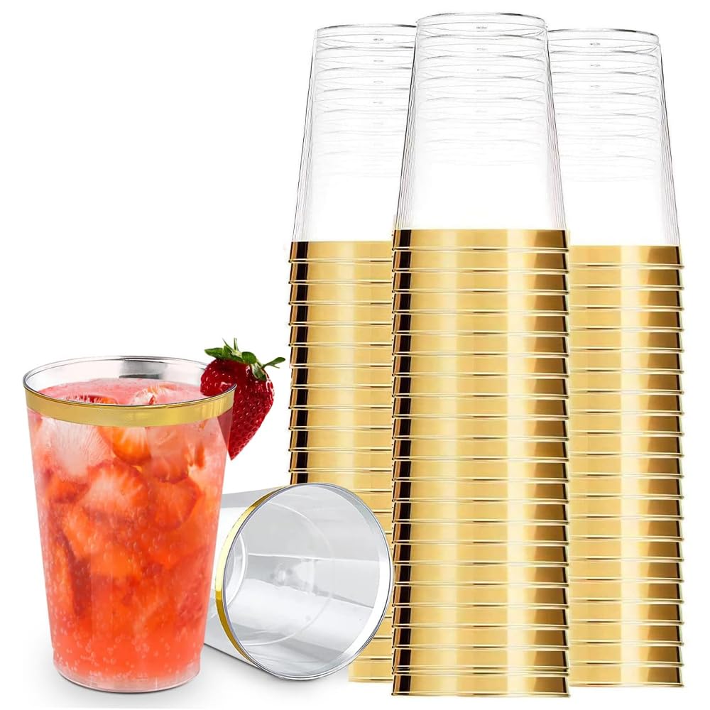 Vasos de plástico con borde dorado, 30 unidades, de plástico, 360 ml | Vasos reutilizables elegantes copas de vino para fiestas de cumpleaños, bodas, cócteles