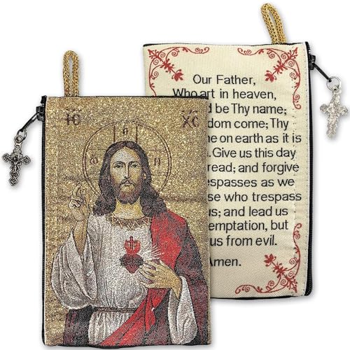 Image of TREE OF LIFE REV. 22:14 Catholic Rosary Pouch, 4 inch x 6 inch Jewelry & Coin Purse with Cross, Small Woven Tapestry Icon Bag, Bolsa de Rosario Catolico para Joyeria, Sacred Heart of Jesus & The Lord's