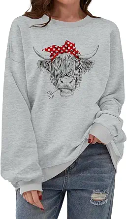 Women Highland Cow Sweatshirt Cute Cowgirl Gift Christmas Farm Sweatshirt Ribbon Long Sleeve Shirts