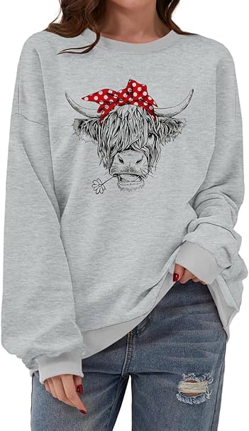 Women Highland Cow Sweatshirt Cute Cowgirl Gift Christmas Farm Sweatshirt Ribbon Long Sleeve Shirts