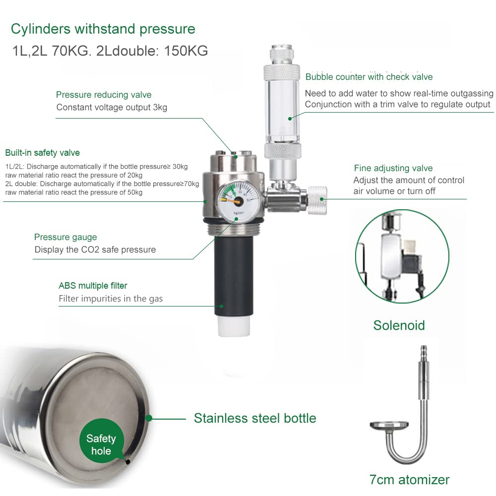 Matybobe Kit de generador de CO2 para acuarios Dobles, de generador de Cilindro de Acero Inoxidable CO2 con válvula solenoide, difusor de Burbujas, Kit de Reactor de dióxido de Carbono para