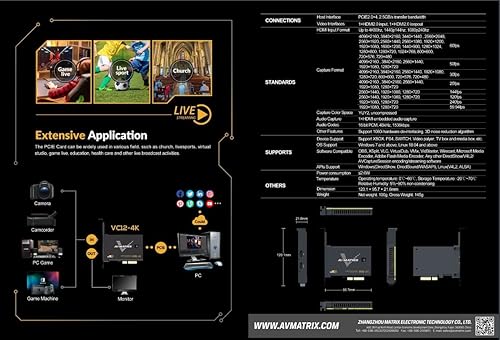 Miniatura 7 de AVMATRIX VC12-4K 4K HDMI PCIE Tarjeta de captura de 1 canal HDMI 2.0 Entrada de bucle de salida y soporte de captura de hasta 4K60 con velocidades