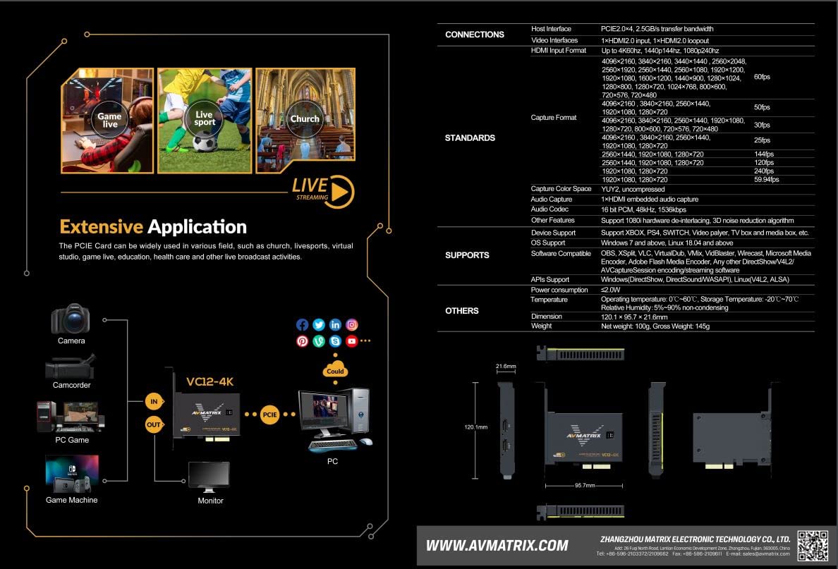 AVMATRIX VC12-4K - Tarjeta de captura HDMI PCIE de 1 canal HDMI 2.0 de entrada y captura de hasta 4K60 con velocidades de bits de hasta 800 Mbps, compatible con video sin comprimir YUY2