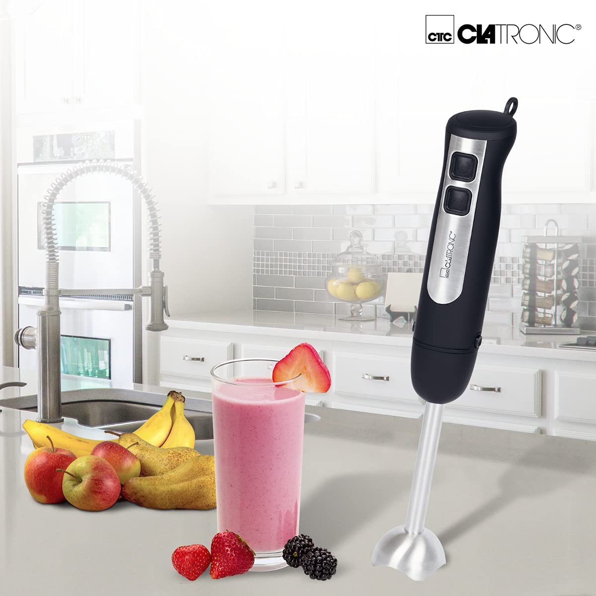Clatronic Staafmixer SM 3739 pureerstaaf, handmixer, mixer voor smoothies, shakes, 2-traps schakelaar, multi-shredder, roestvrijstalen staaf en mes, ophangoog, 800 watt motor, zwart roestvrij staal