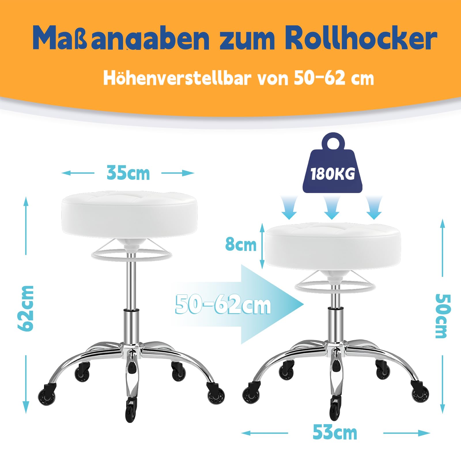 Rollhocker，Hocker höhenverstellbar mit ringheber，Dicker Schaumstoff für weichen Komfort，Stuhl mit Rollen 360°，Arbeitshocker bis 180 kg belastbar， Drehhocker für Salon Spa und Haushalt(Weiß)