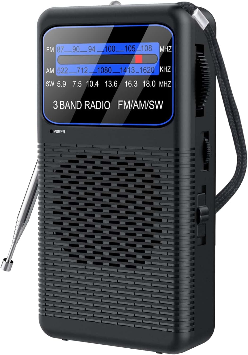 Radio portátil FM AM SW con linterna y clip trasero