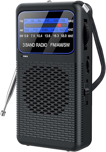 Radio de bolsillo de 3 bandas, radio portátil AM FM SW funciona con pilas con onda corta, radios de transistor de clip trasero con linterna LED de