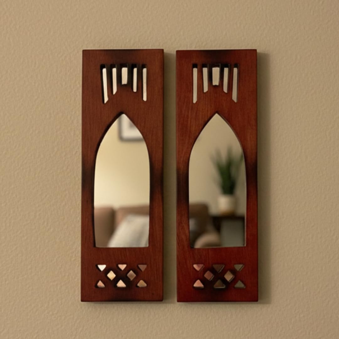 Handcrafted Traditional Brown Modern (Set of 2) MDF Wooden Mirror Jharokha Wall Art | Boho Style Home Décor for Living Room & Bedroom (Brown Modern Set of 2)-image-21