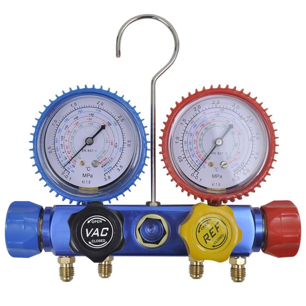 Mangloder Vakuumpumpe 100 L/min mit 4 Wege Verteiler Manometer für Klimaanlage Zubehör Ersatzteil, 220 V 50 Hz, Aluminiumgehäuse, 4 Füllschläuche, Transportkoffer für Reparatur und Kühlen