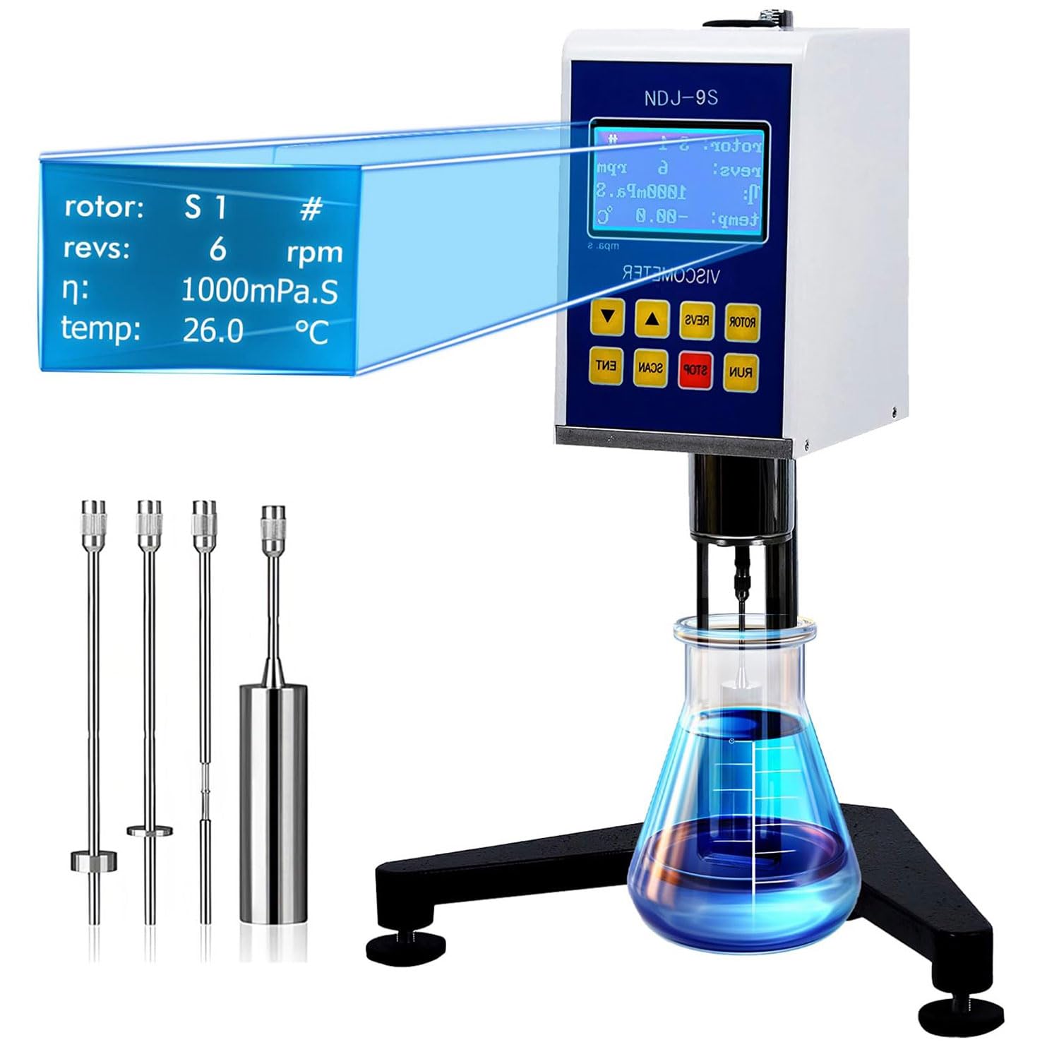 Viscosímetro rotatorio Digital, 10-6, 000,000 mPa.S Medidor de viscosidad con Pantalla táctil Probador con 4 rotores y sonda de Temperatura Medidor de fluidimetría de precisión ±1% 5S
