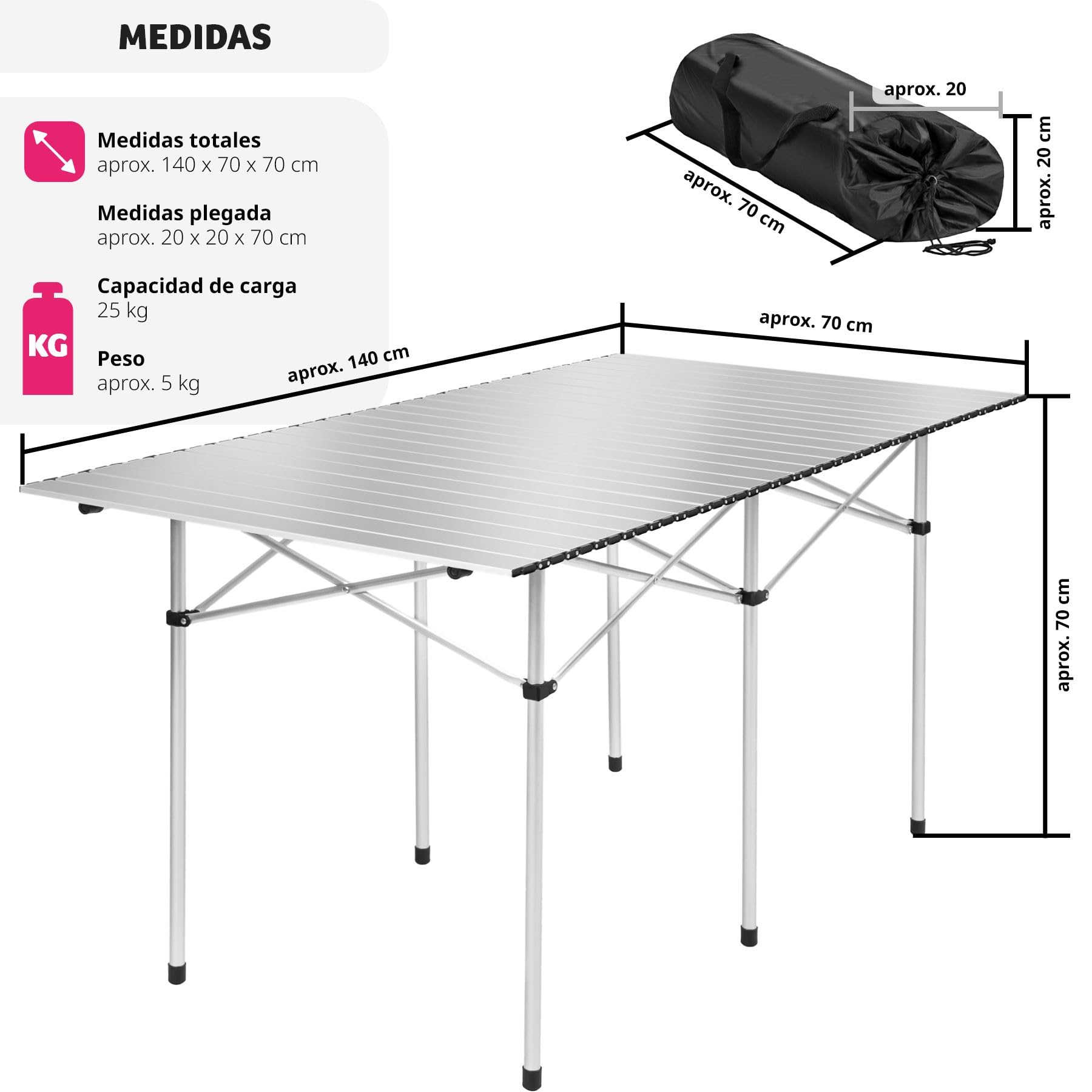 tectake® Mesa Plegable Aluminio, Mesa Camping Plegable, Mesa Jardín Exterior con Asa y Bolsa de Transporte, Impermeable, Fácil Montaje y Limpieza, Ideal Acampadas, Jardín, Terraza, Picnic, 140x70x70cm