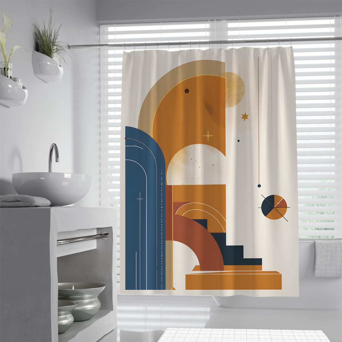 UIRINGART Abstract Shower Curtain W200xL240cm Geometric Arch Stairs Navy Art with Rustproof Grommets Polyester Fabric Lightweight Home Hotel Bathtub Bathroom