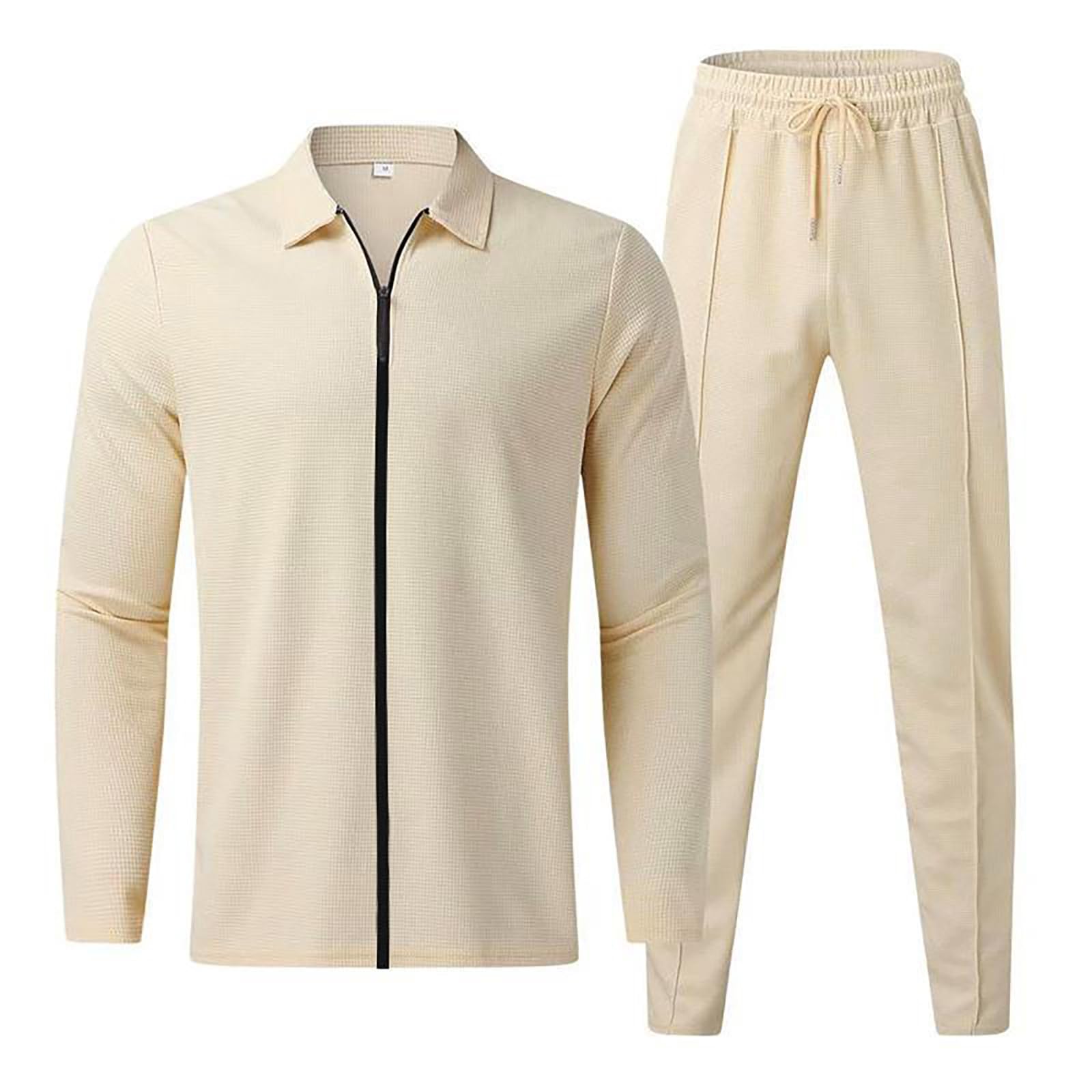 Tuta da uomo per il tempo libero, set da 2 pezzi, tuta sportiva, slim fit, con chiusura lampo, polo e waffle, pantaloni per il tempo libero, set per uomini, classico, stile urbano