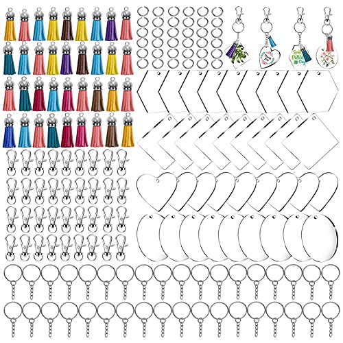 200 stks Acryl Sleutelhanger Blanks met Kwastjes Kit Bulk, Verschillende Vormen Transparante Acryl Sleutelhanger Embryo Accessoires, Snap Haken Mini Kwastjes Jump Rings voor DIY Projecten & Ambachten