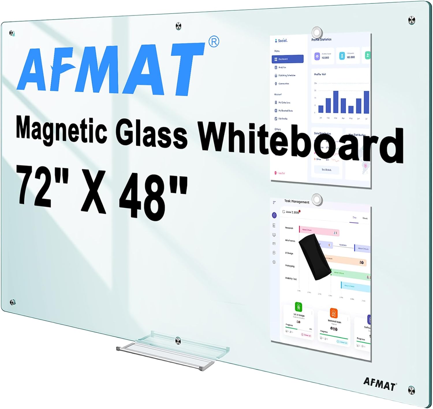 AFMAT Magnetic Glass Dry Erase Board, 72" x 48" Glass Wall Mounted Whiteboard, 4mm Tempered Glass w/Strong Magnetic Surface, Large Frameless White Board for Office Home School