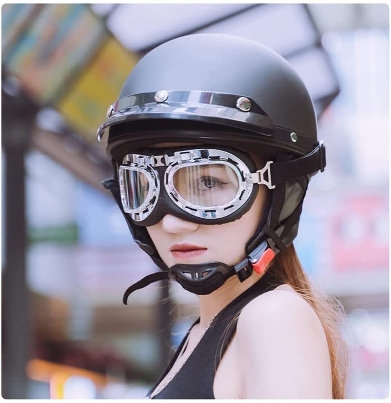 Motorcycle Half Helmet With Goggles For Men And Women,Retro Jet Half Shell Helmet ECE/DOT Certified Beanie Skull Cap Novelty Helmet German Style Motorbike Crash Helmet (Color : 1, Size : 55-62cm