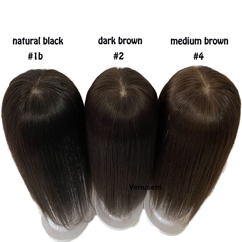 150% Density Silk Base Virgin Human Hair Topper 12x13cm Clip in Hair Toupee European Same Length Hair Overlay With Bangs 5''x5'' (#2 Dark Brown, 16inch)