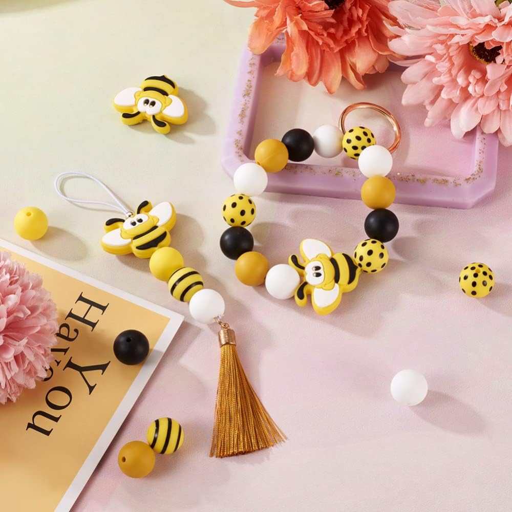 Cheriswelry 100Pcs 15mm Colorful Round Beads 30mm Bee Shape Beads Rustic Farmhouse Decoration Beads Loose Spacer Beads for DIY Jewelry Making Home Party Decoration Crafts
