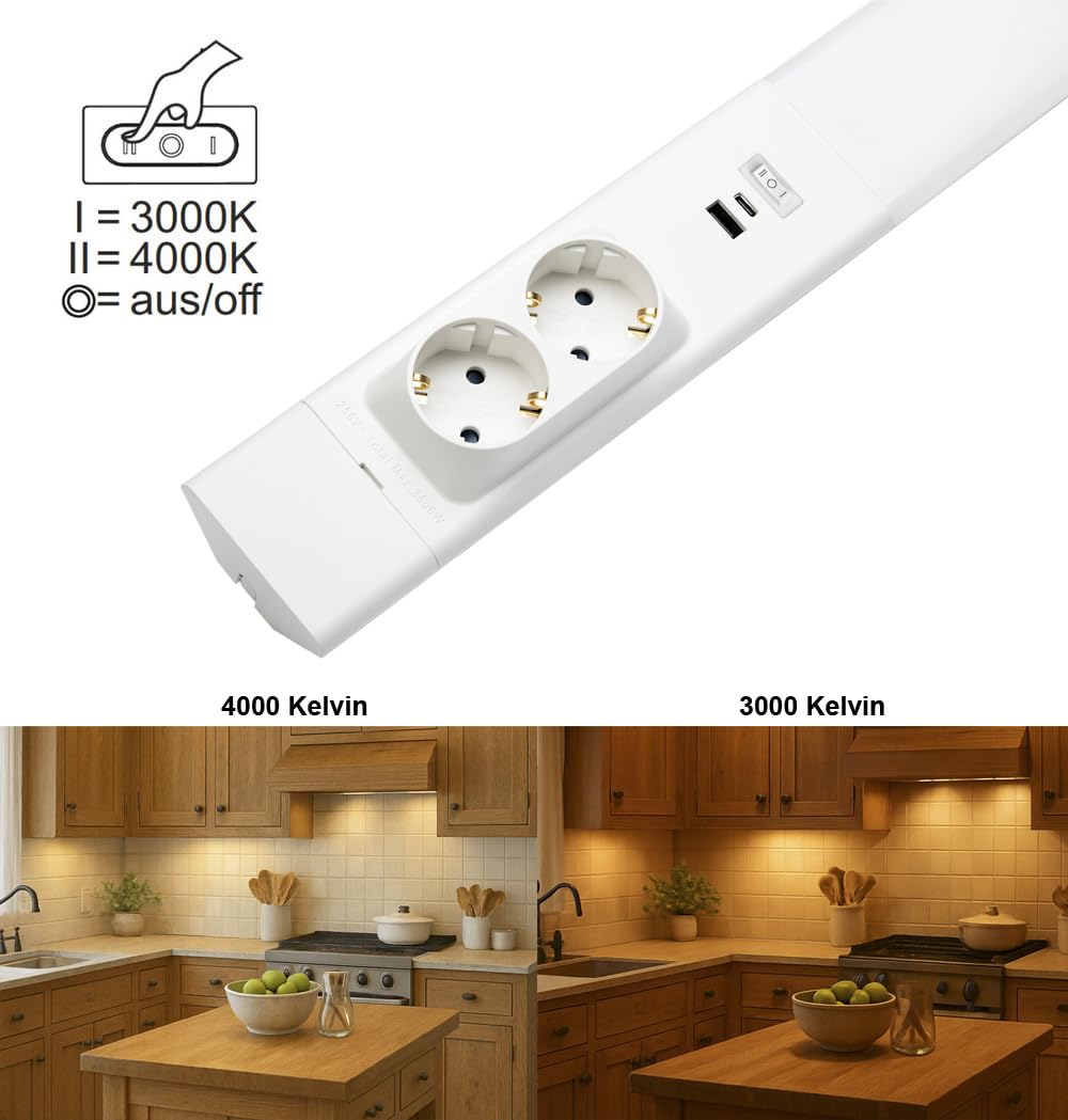 LED Unterbauleuchte mit 2 Steckdosen, USB-A, USB-C und 2 Lichtfarben