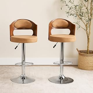 NITYAM Seating Bar Stool Chair for Kitchen Office Home Bar Restaurant Shop Counter, Round Shape Cushion with Backrest, Adjustable Height, 360° Swivel (Color-Beige & Brown, Set of 2)