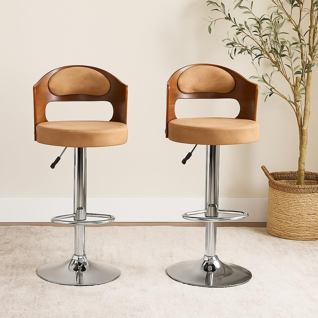 NITYAM Seating Bar Stool Chair for Kitchen| Office| Home| Bar| Restaurant | Shop | Counter, Round Shape Cushion with Backrest, Adjustable Height, 360° Swivel (Color-Beige & Brown, Set of 2)-image-10