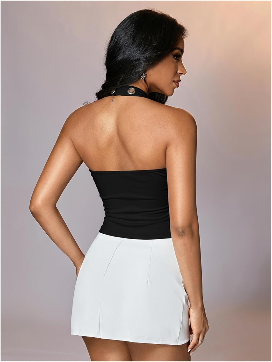 MakeMeChic Women's Y2k Backless Halter Crop Tops Grommet Eyelet Sleeveless Cami Tank Top - Image 2