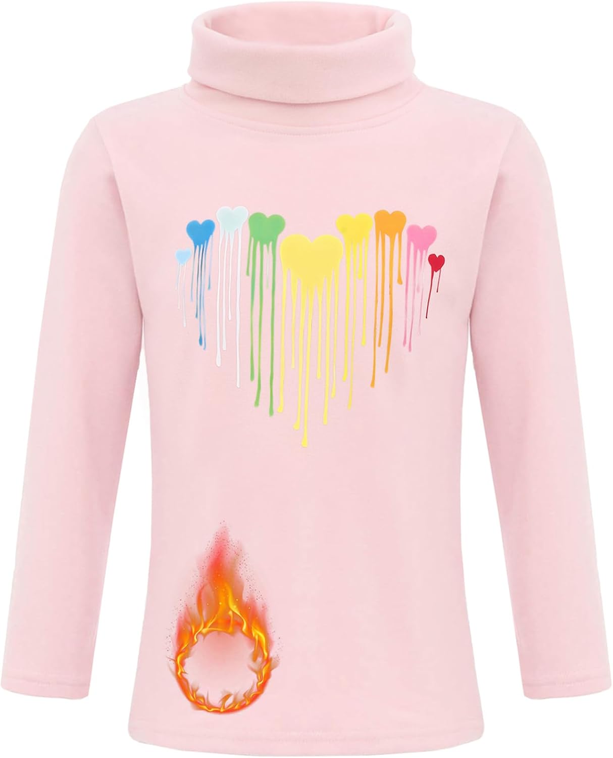 Kids Girls Long Sleeve Base Layer Thermal Shirts High Neck Colorful Heart Print Top for Outdoor Sports