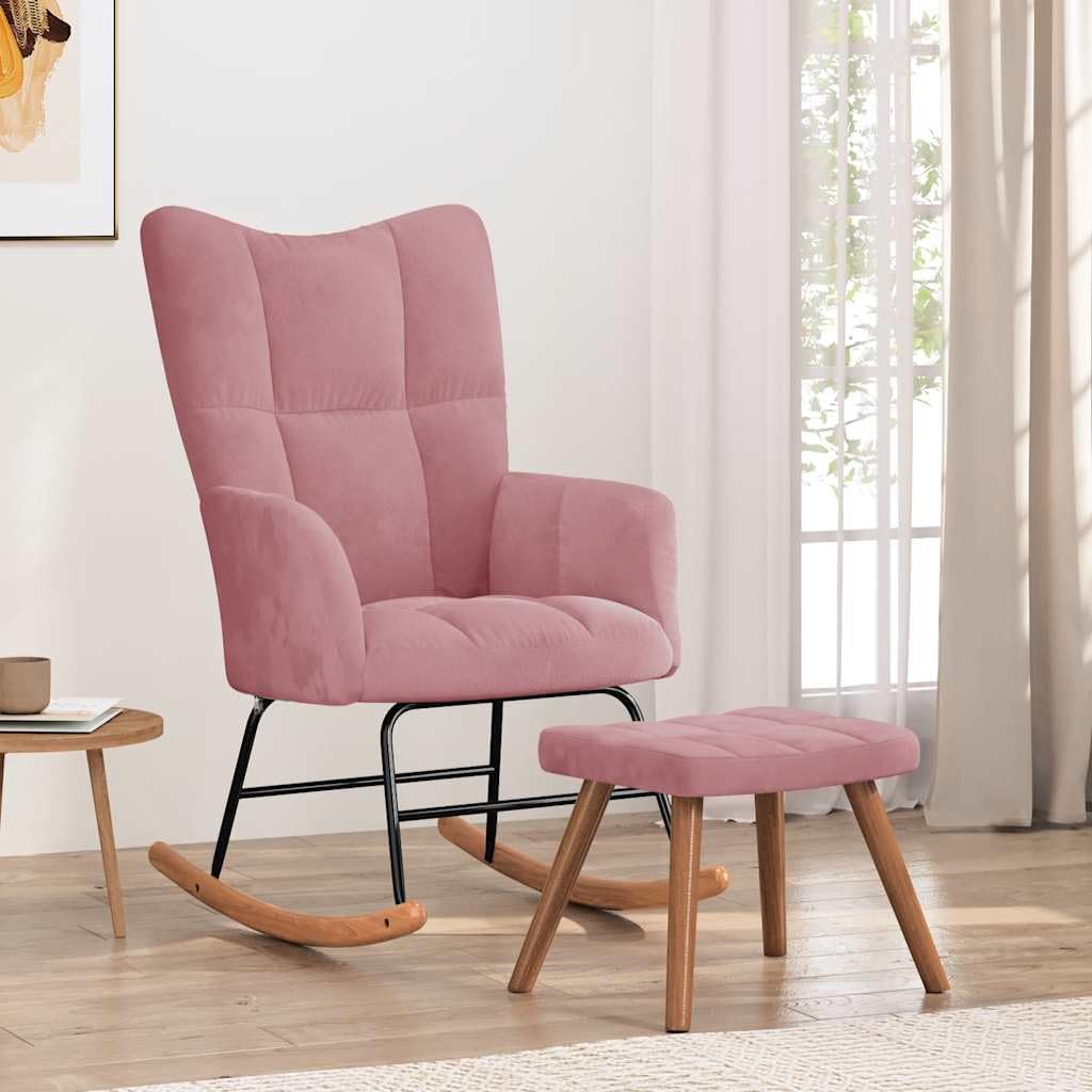 Mecedora moderna para interior con taburete, mecedora con estructura de acero y acolchado grueso, silla de relax con suave terciopelo rosa