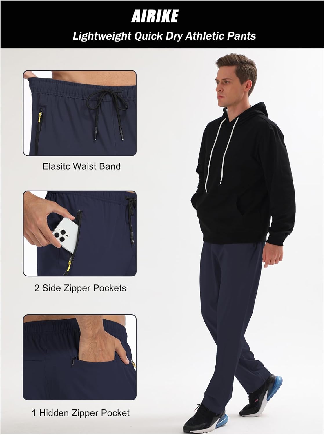Men's Elastic Waist Hiking Pants Water Resistant Quick-Dry Lightweight Outdoor Sweatpants with Zipper Pockets - Image 3