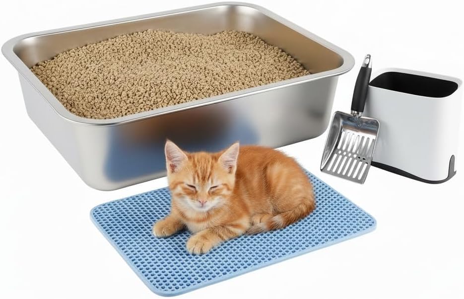 Stainless Steel Cat Litter Box,4-Piece Small Cat Kitten Starter Kit with Cat Litter Scoop,Pads,Trash Can, Kitten Litter Box for Kittens for Small Large Cats Kitty Rabbits,No Smell,Non Stick
