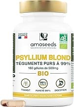 Psyllium Blond BIO, Téguments purs à 99% | 3000mg par jour | 180 gélules de 500mg | Transit, Digestion, Cœur | Qualité Supérieure