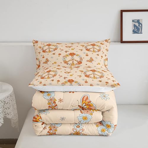 Miniatura 5 de Erosebridal Groovy - Juego de edredón de tamaño individual, diseño retro de los años 70, con signo de la paz, ropa de cama y colecciones de ropa de