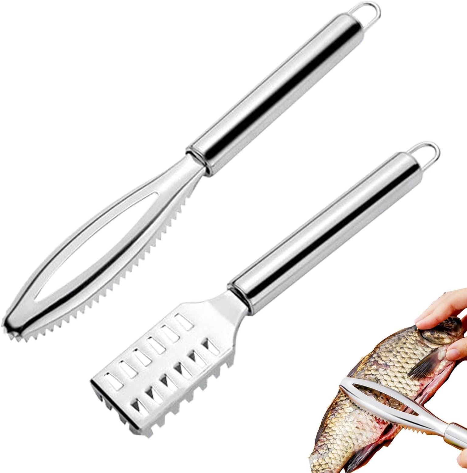 Ganquer 2PCS Fish Scale Remover Stainless Steel Fish Scaler Remover Fish Scale Scrape Ergonomic Handle Design for Fast Scales Peeling(2PCS, Silver,size:7.87x1.38inch+9.65x1.26inch)