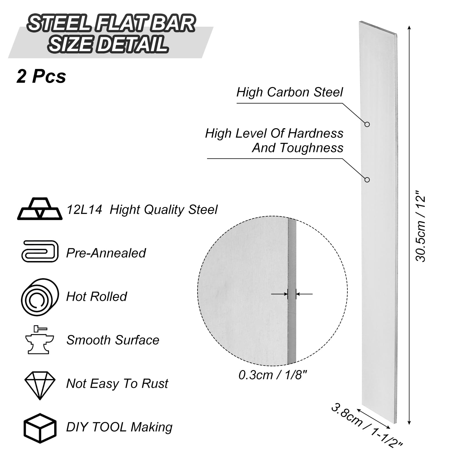 PATIKIL 12L14 Stahl für die Messerherstellung, 2er-Pack 12" x 1-1/2" x 1/8" warmgewalzter Stahlblech für DIY-Blech, professionelle und Hobbynutzung