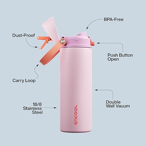 Miniatura 4 de ENCOOL Botella de agua aislada con popote, botella de agua de acero inoxidable con tapa de botón, a prueba de fugas y sin BPA, mantiene el frío