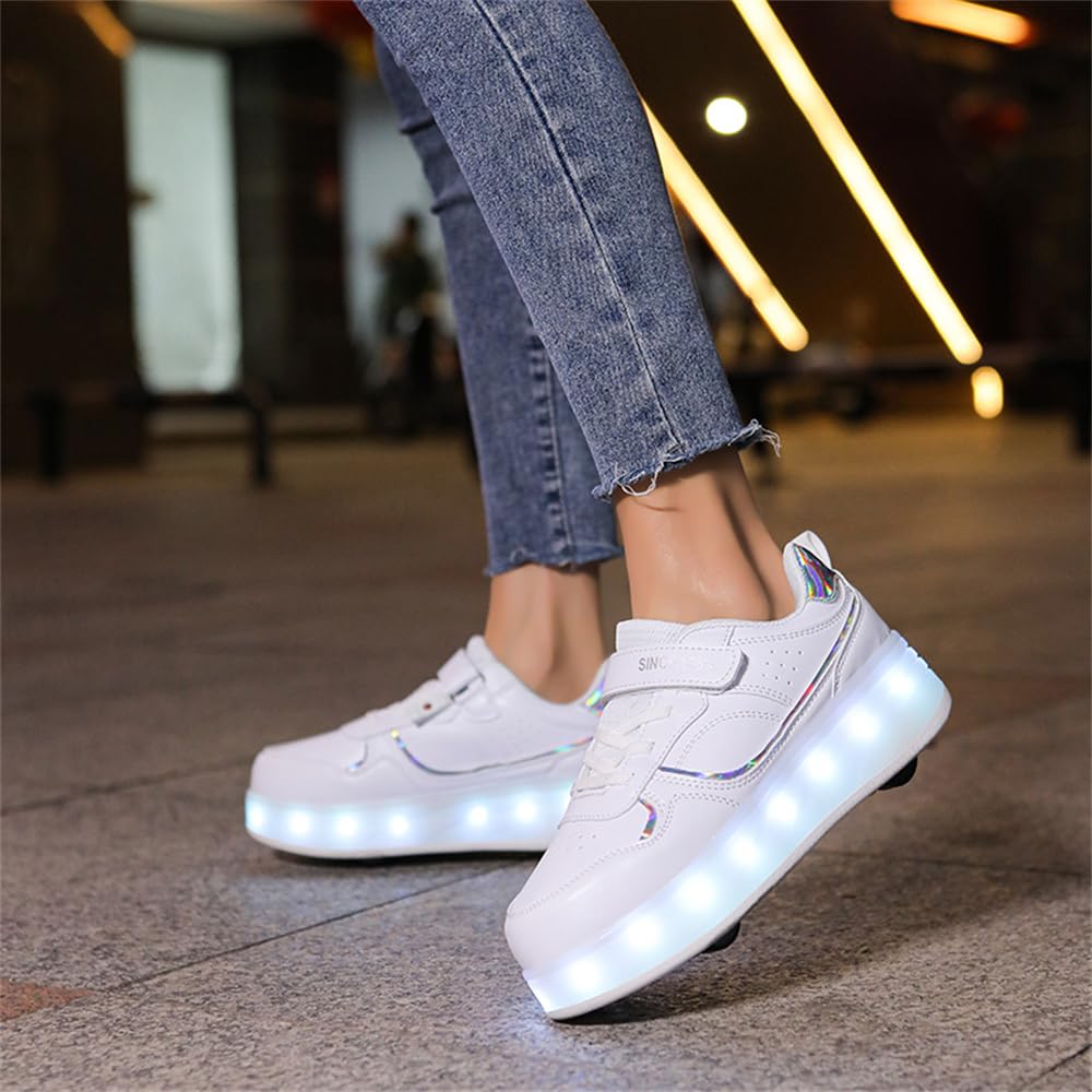 Mateju Zapatos con Ruedas Niñas Niños, Zapatillas con 4 Ruedas Ajustables, Zapatillas de Skateboarding Brillando Zapatillas de Correr al Aire Libre 2 en 1 para Niños y Adultos