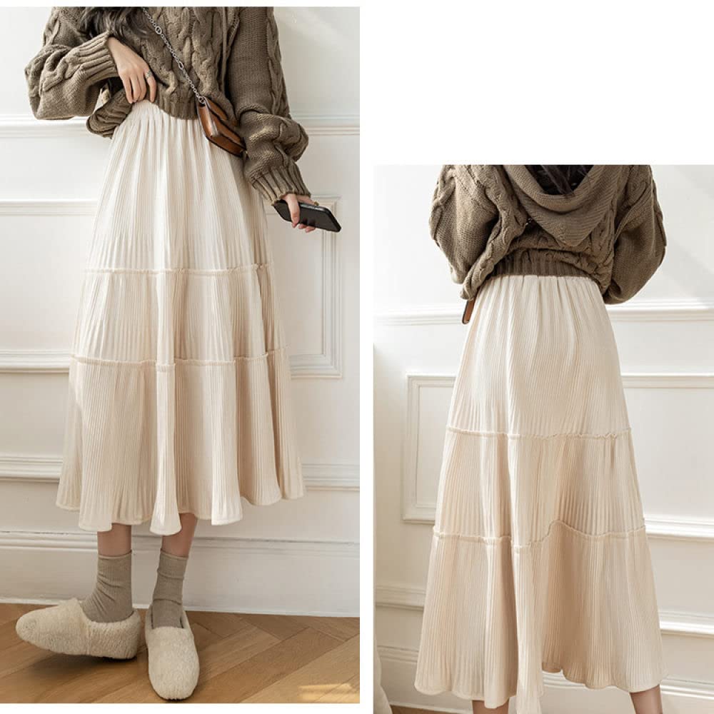 Faldas De Invierno para Mujer, Falda Fruncida De Albaricoque De Terciopelo Dorado Faldas Plisadas Elegantes para Mujer Cintura Elástica Falda Midi De Talle Alto(As Shown L)