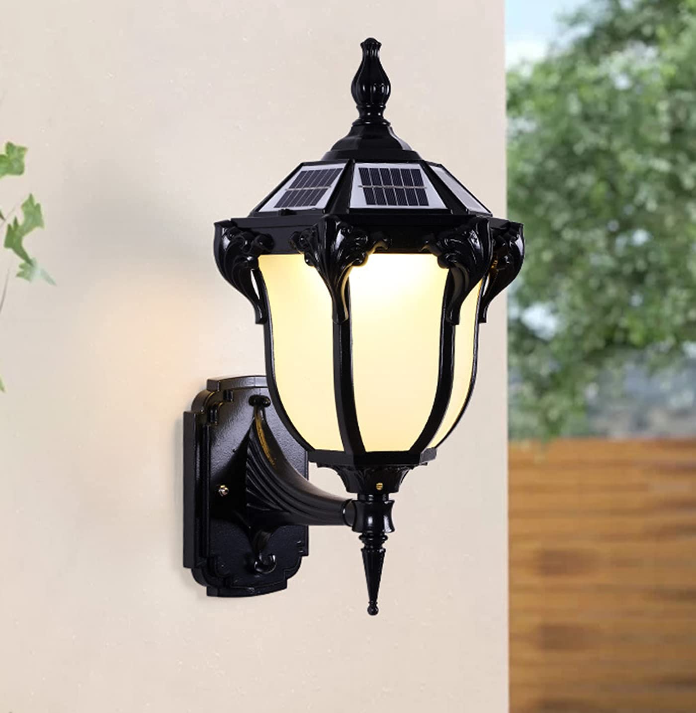 HXYSXHJUO Vintage Solar Lights Outdoor Garden Lantern, Antique Wall Lamp Lighting Waterproof with Remote Control for Outside, Rustic Fixtures Glass Lampshade Villa Patio