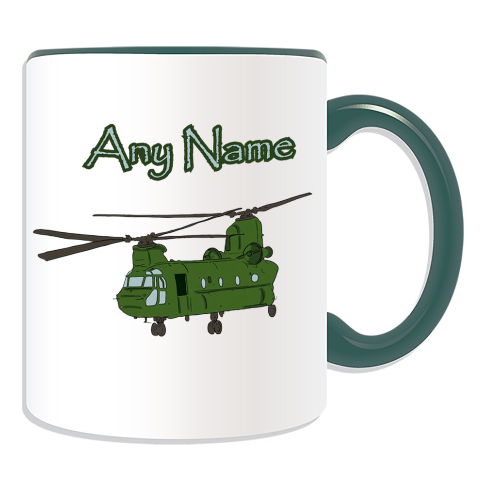 Unigift Green Personalised Gift - Helicopter Twin-Engine Mug (Military Design Theme, Colour Options) - Any Name / Message On Your Unique - Army Armed Forces Soldier World War Weapon Battle Aircraft Air Plane Aeroplane Airplane Attack Gunship Bomber Transport Airliner Fighter Warfare Reconnaissance Observation Rescue Cargo Propeller Jet Uav Mission Boeing Ch-47 Chinook Raf