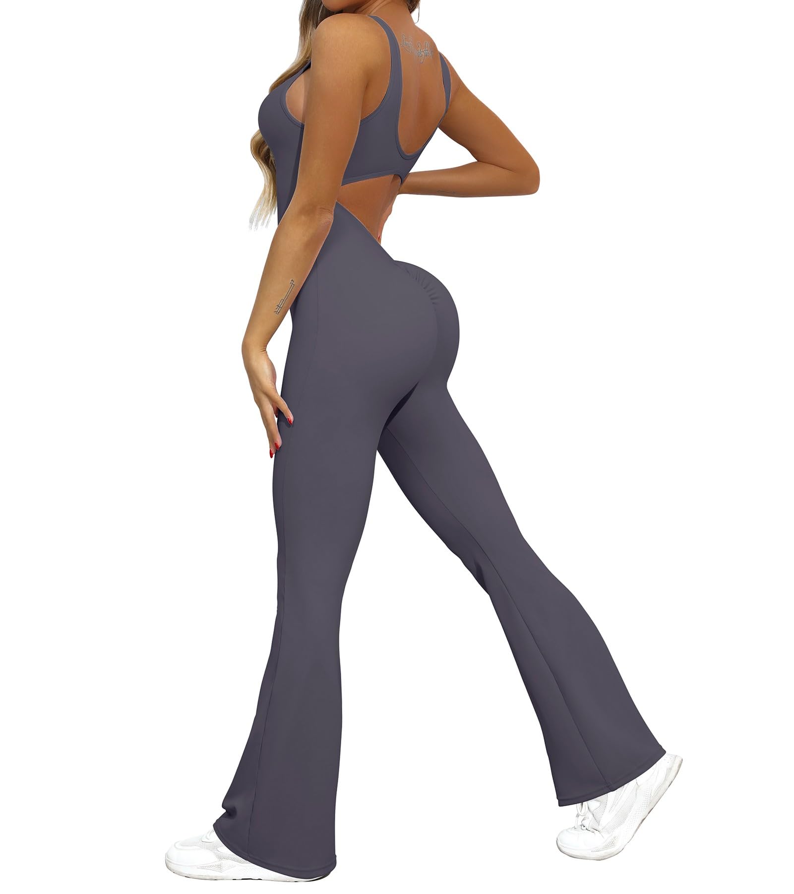 OVESPORT Workout Flare Jumpsuits Women Sexy Scrunch Butt Yoga Romper Backless Gym Bodycon V Back Seamless Unitard Playsuit