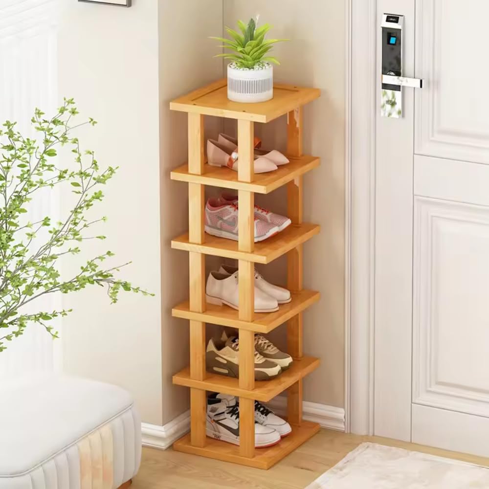 SVFOEBJM 5 Tier Tall Wooden lyjc Rack, Slim Vertical lyjc Storage Shelf Tower, Space Saving Organizer for Entrance, Living Room, Hallway, Natural Wood Finish