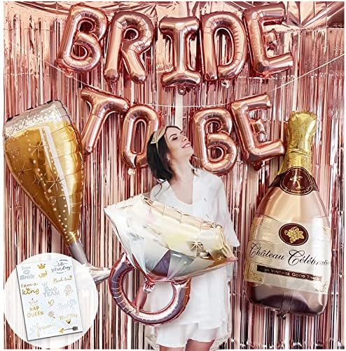 Bachelorette Party Decorations, Bridal Shower Decorations Bride to Be Balloons Rose Gold Bridal Foil Curtain Backdrop (Give Temporary Tattoos)