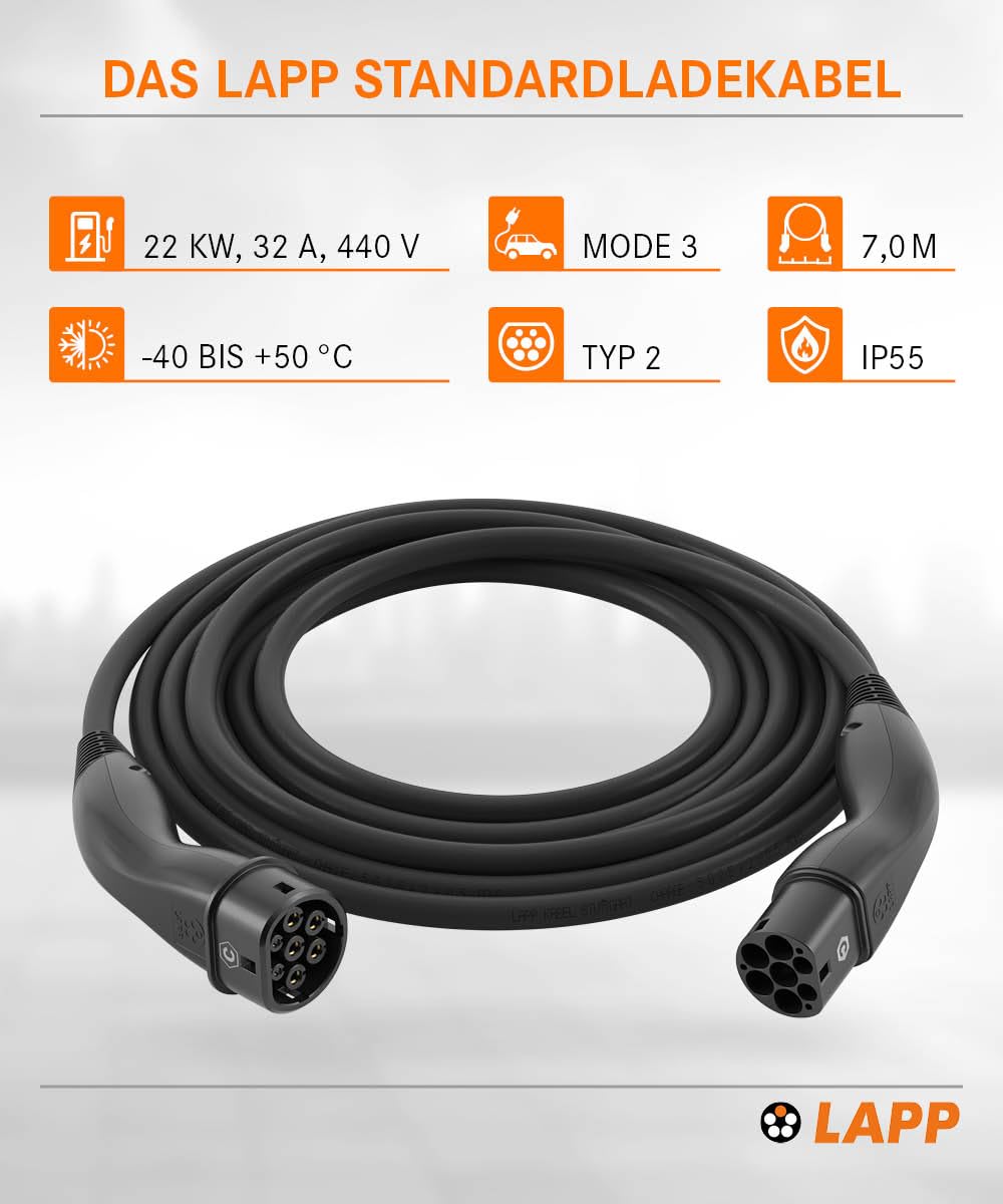 Lapp Mobility Typ 2 Ladekabel 22 KW 7m - 32a Ladekabel E Auto 3-Phasig - IP55 geschütztes Ladekabel Mode 3 - Ladekabel Typ 2 mit korrosionsresistenten Steckkontakten - geeignet für PHEV, BEV & EV