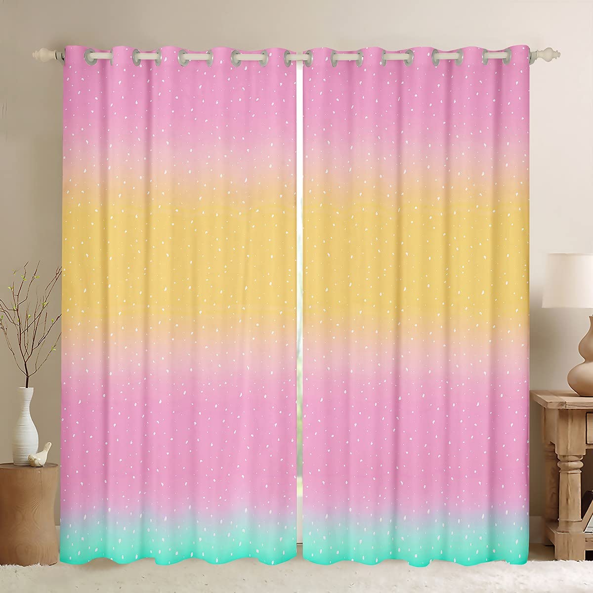Loussiesd Glitter Verduistering Dreapes Kinderen Pastel Gordijnen Slaapkamer Woonkamer Decor Regenboog Print Verduisterende Gordijnen Kleurrijke Roze Blauw Raambehandelingen W66*L 72