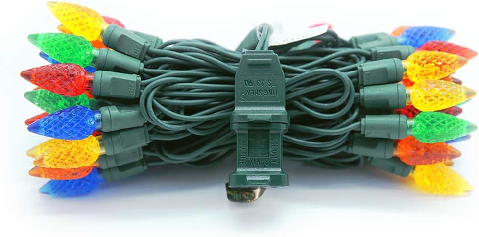 UZEXON C6 50 LEDs Colored Outdoor Christmas Lights for Home Garden Patio Xmas Tree Festive Decor,17Ft Tangle-Free Green Wire,House Party Wedding Halloween Mood Lighting-(Commercial Grade,Steady On)