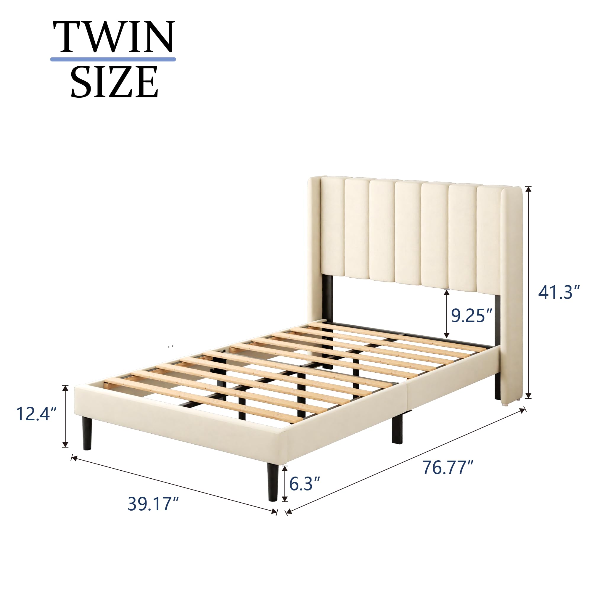 Gruwans Twin Size Bed Frame with Upholstered Wingback Headboard, Easy Assemnly Platform Bed, Wooden Slat Support No Box Spring Needed, Cream