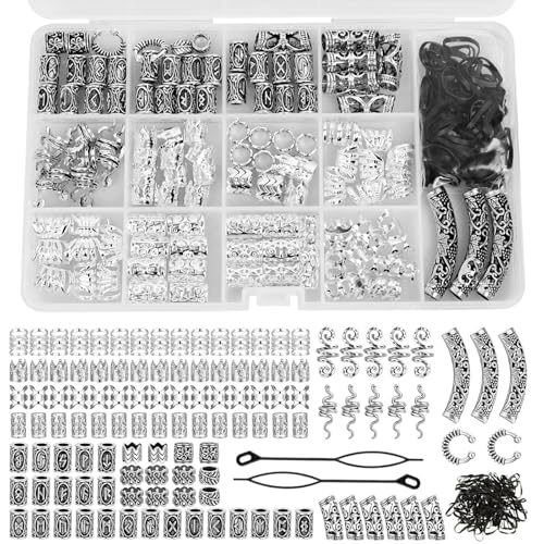 HX-pyahgtv 219 Stück Wikinger Bartperlen Haarperlen Set Nordische Runenperlen Dreadlocks Schmuck Haarschlauch Perlen Bartschmuck für DIY Halskette Anhänger Haar Bart Dekoration Männer