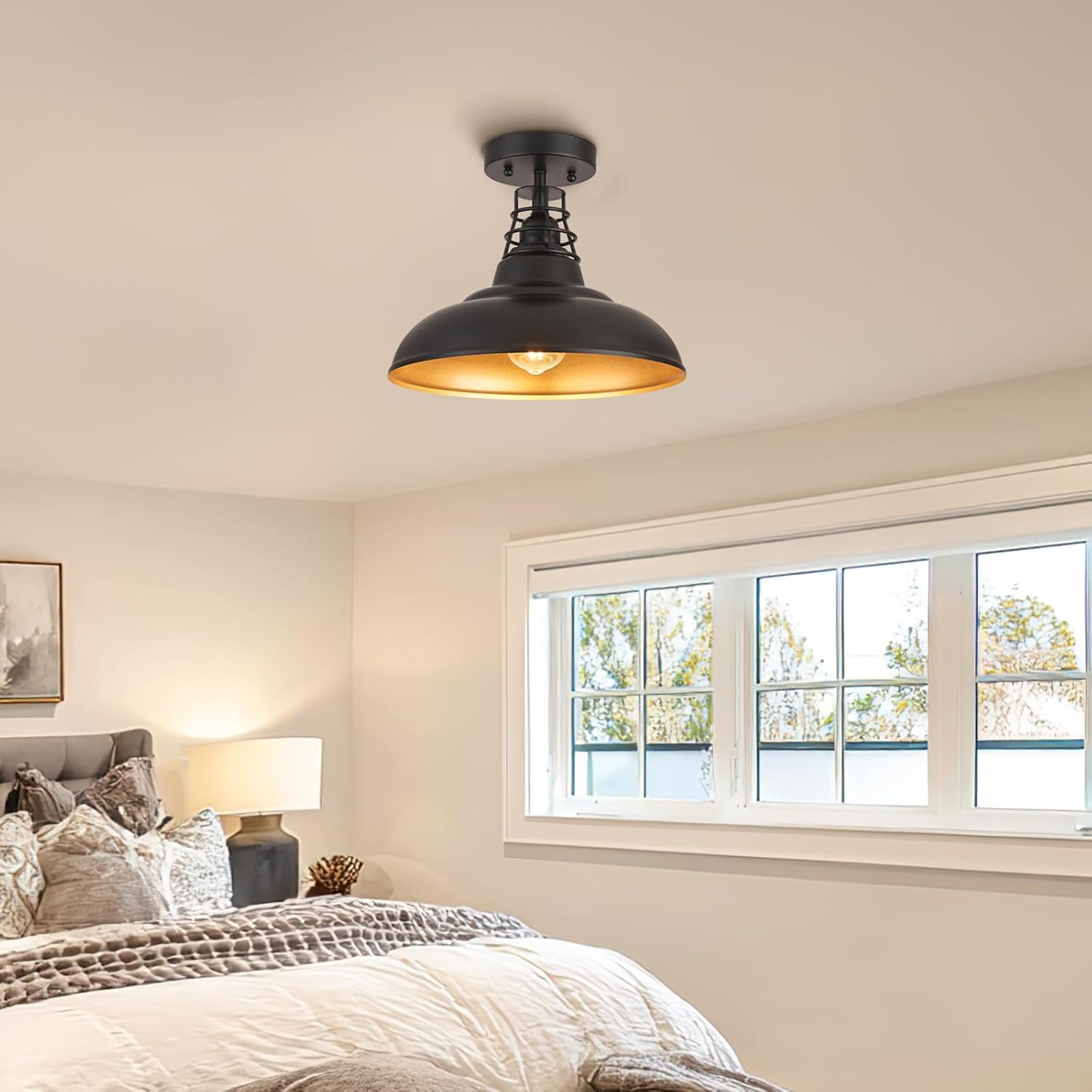 12 Inch Farmhouse Semi Flush Mount Ceiling Light Industrial Close to Ceiling Lighting Fixtures, Rustic Vintage Metal Dome Black Ceiling Lamp for Kitchen Island Bedroom Hallway 2 Pack