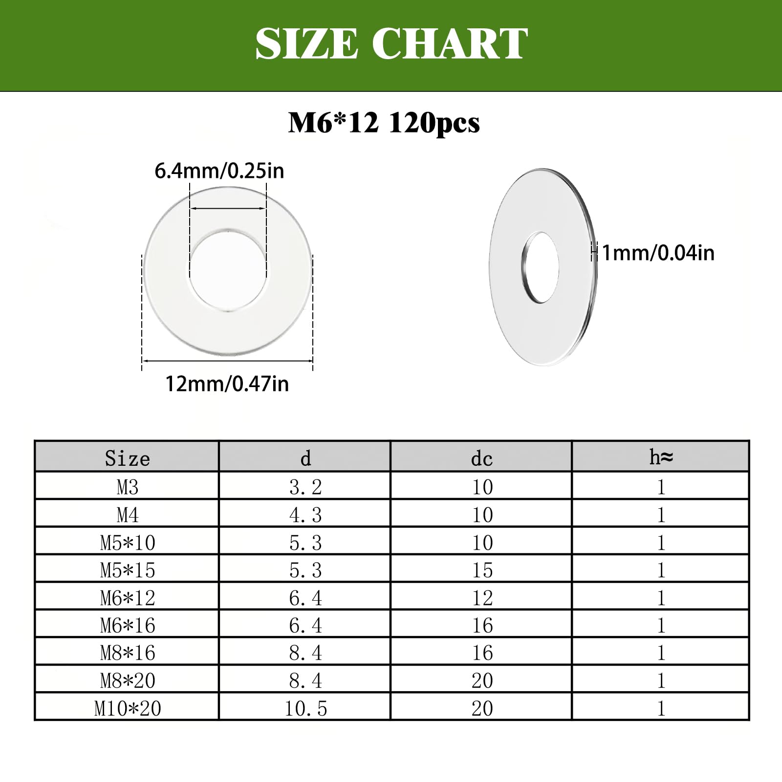 Hexizexi 120Pcs M6x12mm Washers for Screws Stainless Steel Washers Silver for Screws Nuts Bolts, M6x12mm 120pcs - Image 2